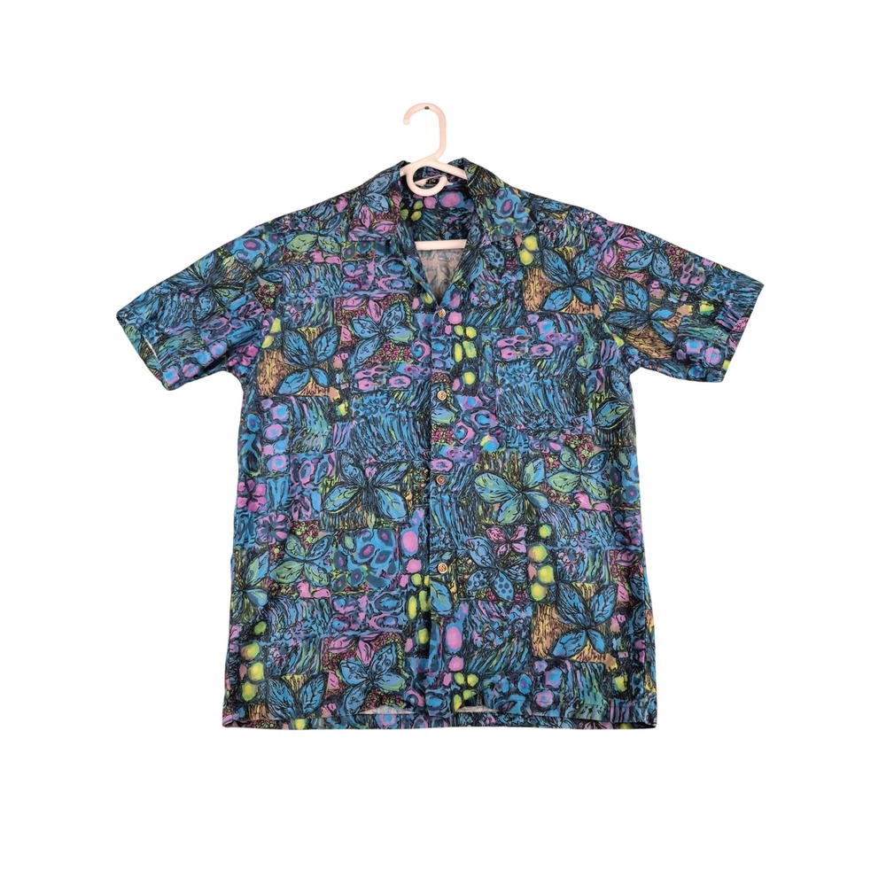 Lauhala Abstract Floral Print Camp Aloha Button Down Shirt Blue Sz M VTG 50s 60s